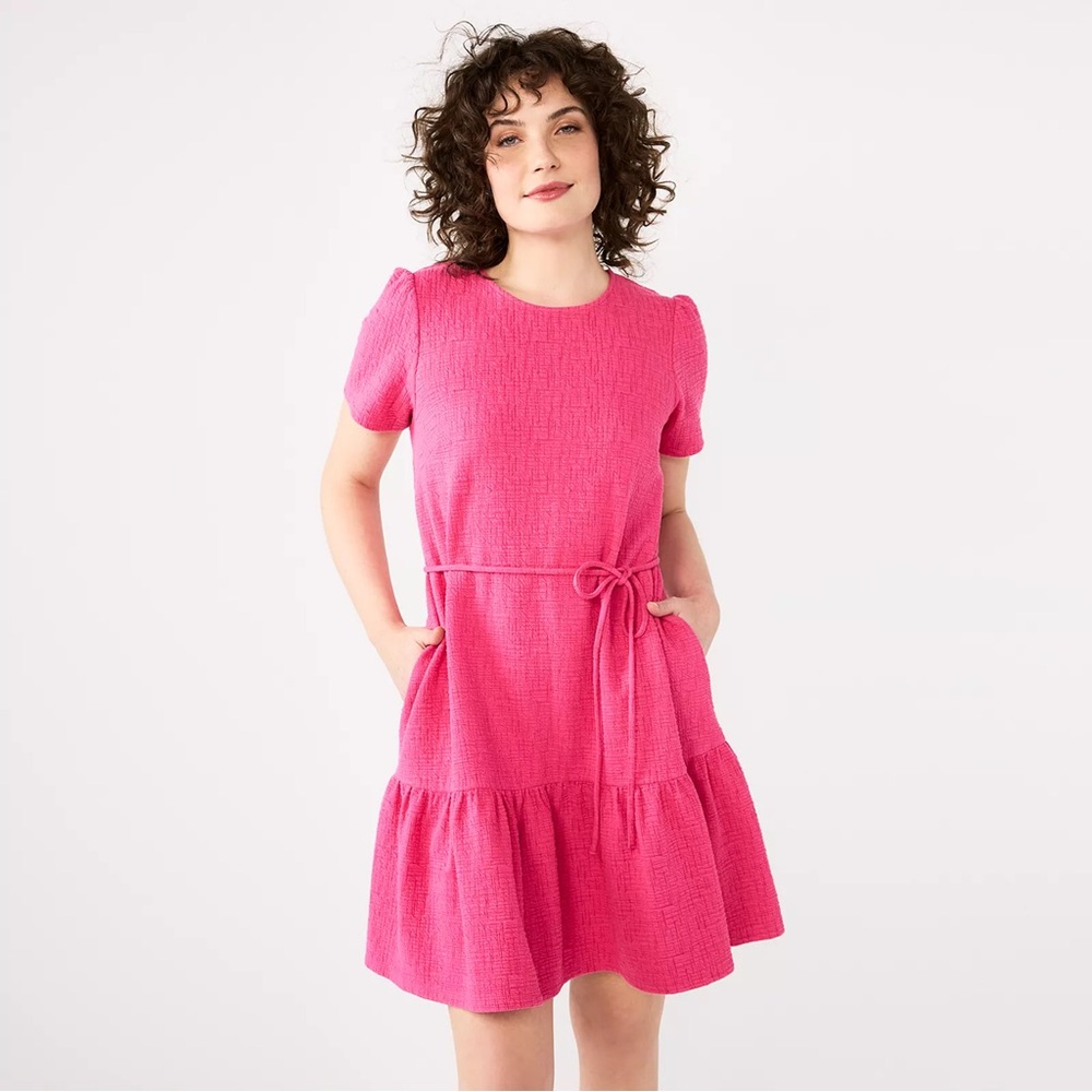 Draper James RSVP Vibrant Pink Textured Ruffle Dress w/ Tie Waist and Pockets